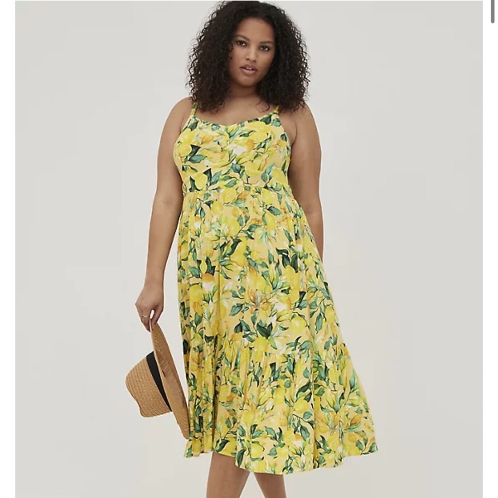 Torrid Lemon Print Yellow Tiered Midi Dress